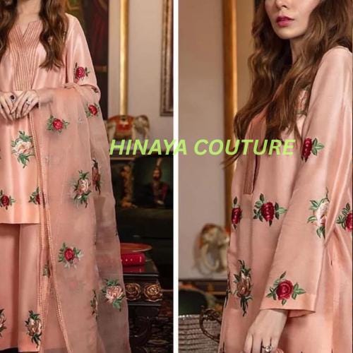 Stunning Pakistani floral Embroidered 3 Piece Suit | Premium Silk Outfit with Organza Dupatta | Eid & Wedding Party Wear-dawat gatherings