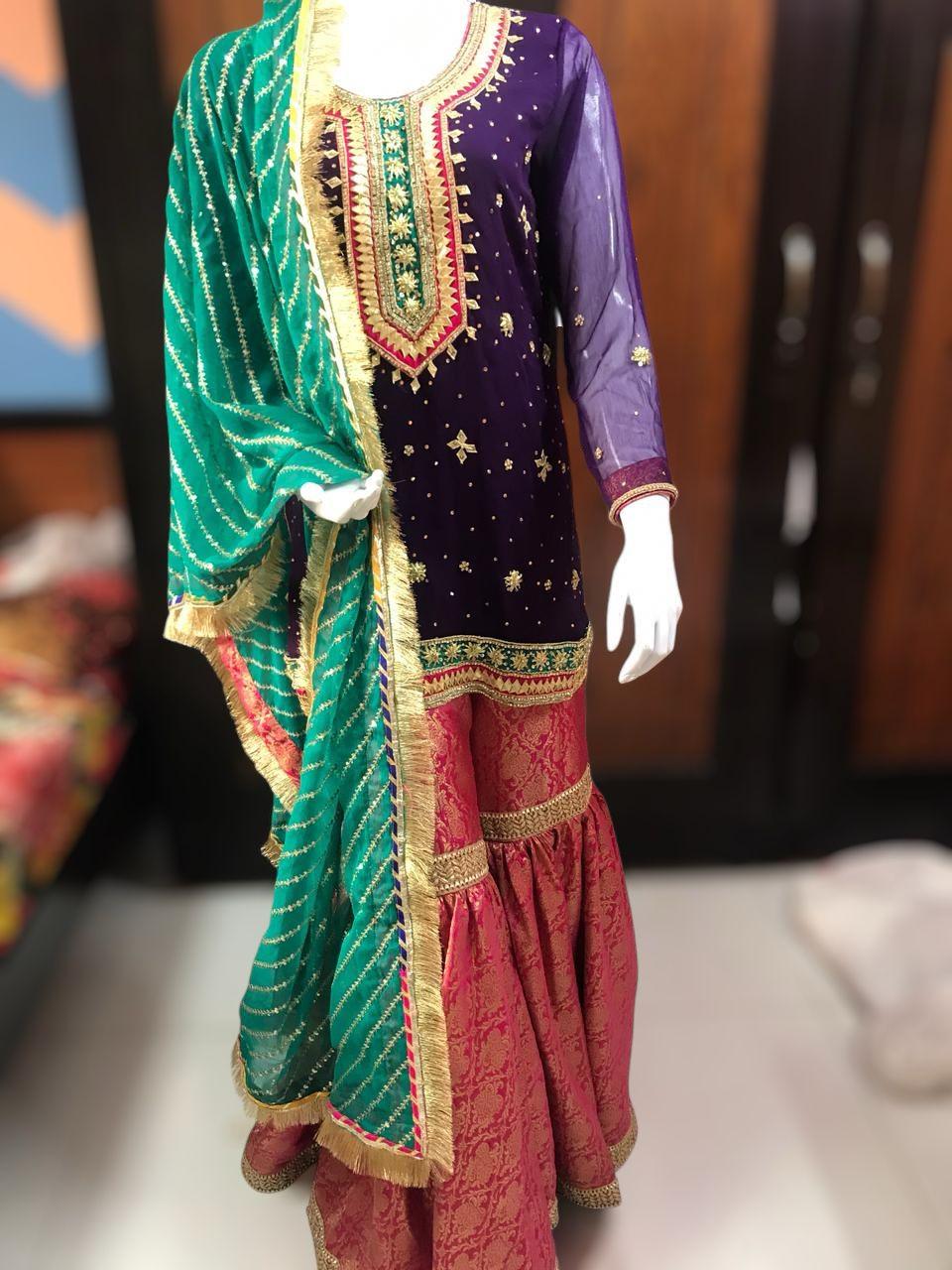 Mehndi Dholki Gharara Outfit – Traditional Gota Work with Vibrant Colors pakistani uk desi family lovers punjabi indian