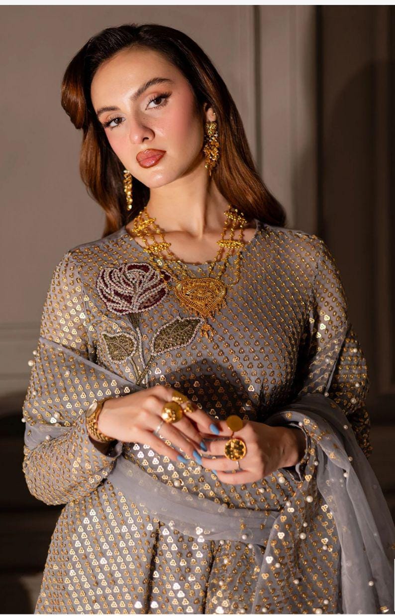 Rose Éclat – Sequined Chiffon Elegance in Nude with Handcrafted Silk & Organza Detailing party wear