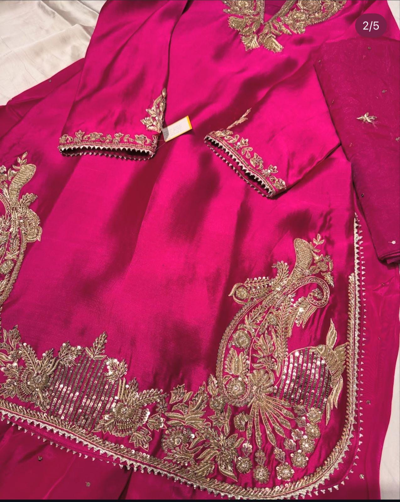 Fuchsia Pink Pakistani Farshi Shalwar Suit: Handcrafted Raw Silk, Gold Zardozi, indian desi punjabi attire,pure adda work