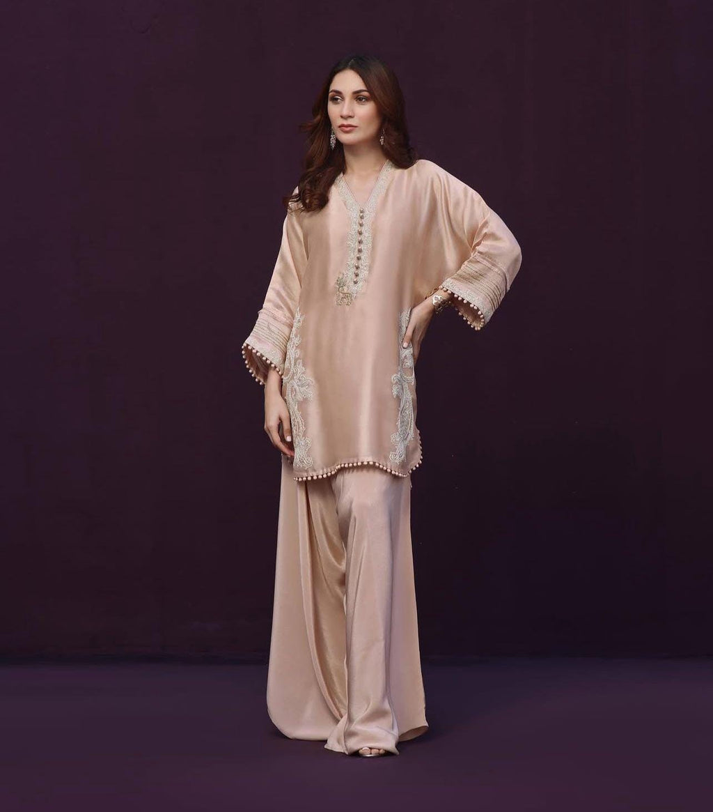 ivory Embroidered nude colour Silk Farshishalwar Set: Pakistani Plazo Suit, Wedding Party Eid Outfit, uk eid parties