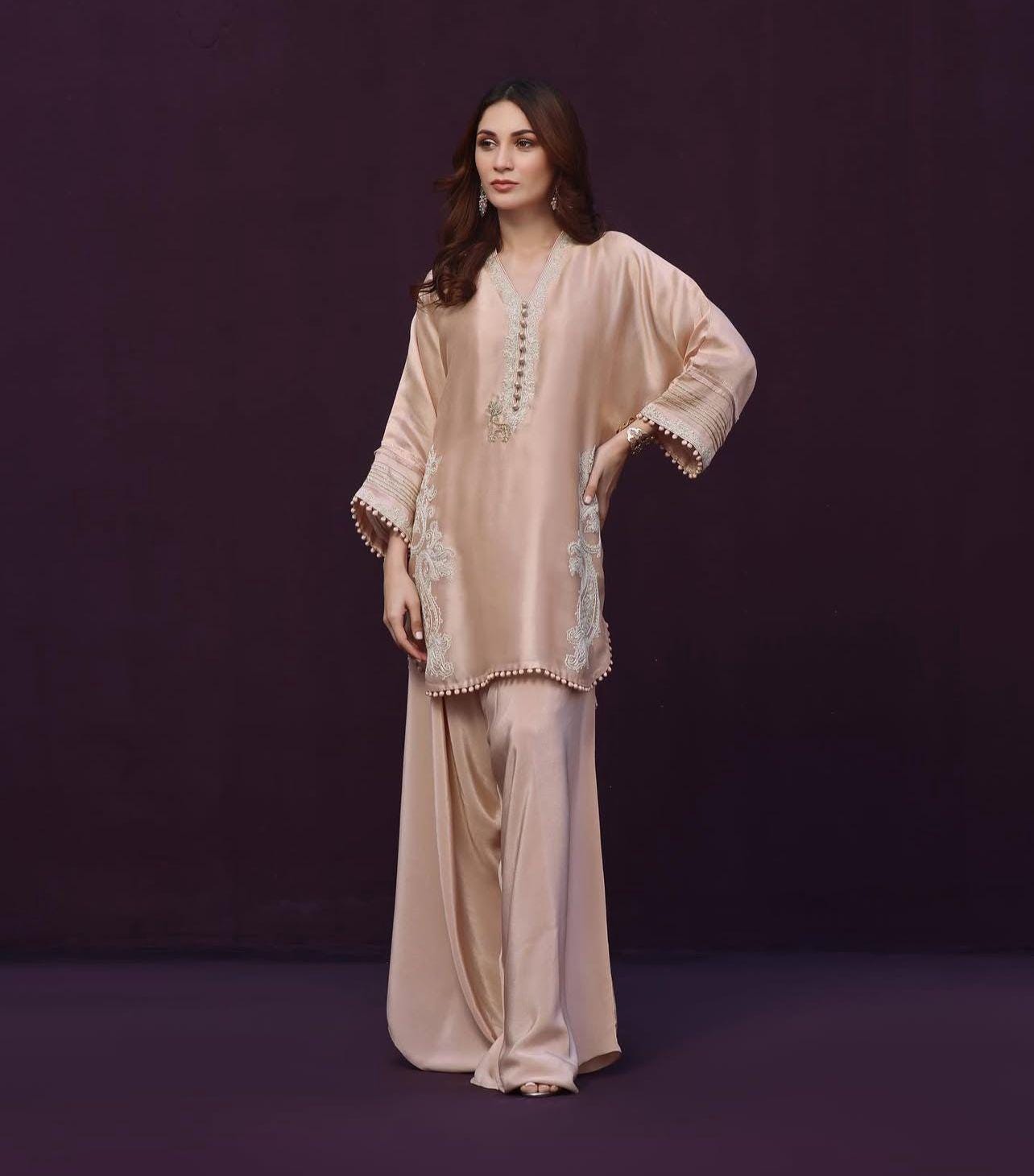 ivory Embroidered nude colour Silk Farshishalwar Set: Pakistani Plazo Suit, Wedding Party Eid Outfit, uk eid parties