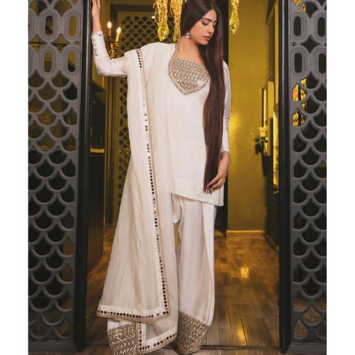 Pakistani indian Luxury FARSHI shalwar Mirror Work Dress in Shisha Silk – Ivory/White Eid & Wedding Ensemble,viral trending with laces