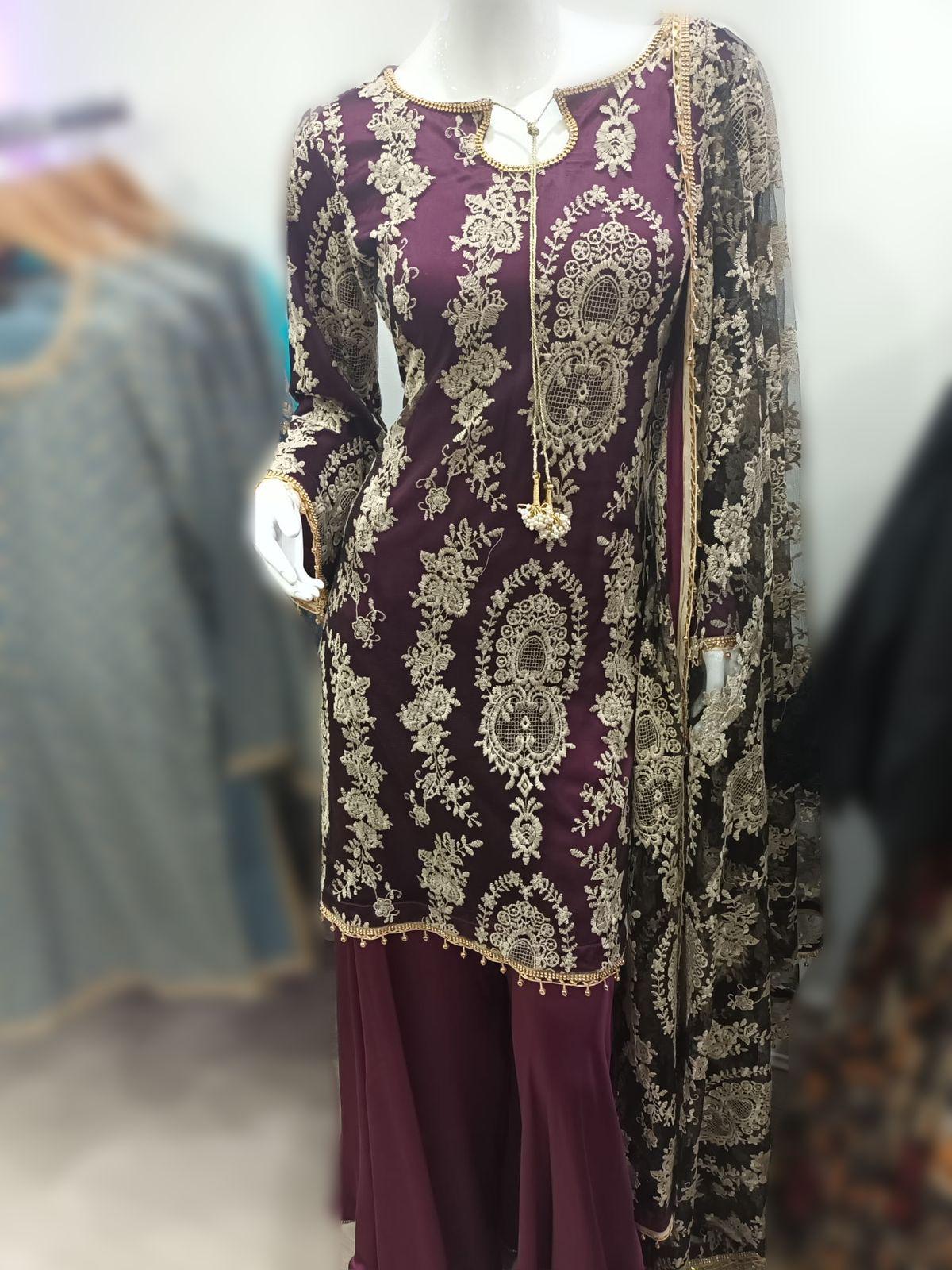 pakistani party wear shadi/wedding/nikah 3 piece plazo-garara-farshi shalwar lehenga garara embroidered suit