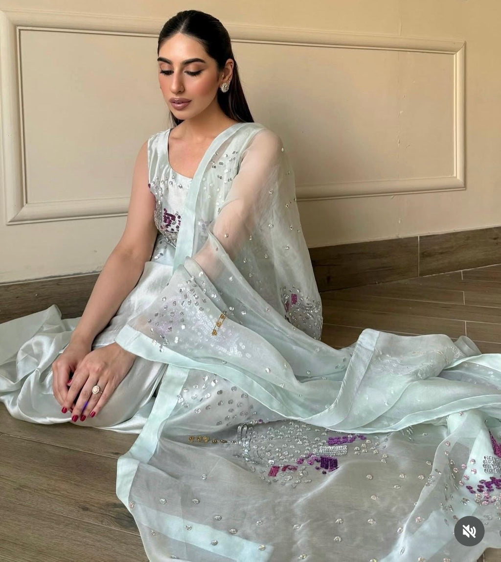 Luxury Pakistani Farshi Shalwar Suit | Sheesha Silk & Organza | Handmade rhinestones sequins