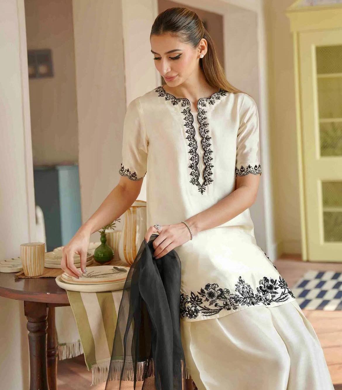 Black & White premiumi silk Farshi Shalwar Suit: Pakistani Inspired 3-Piece Ensemble