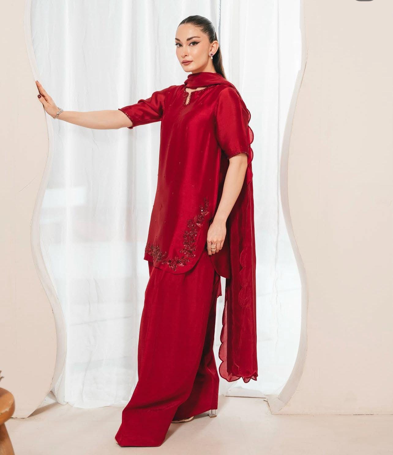 Cherry Red sheesha silk pakistani Eid Farshi Shalwar 3-Piece Outfit for UK,USA,Canada,Norway,Europe,Germany desi attire with silk dupatta