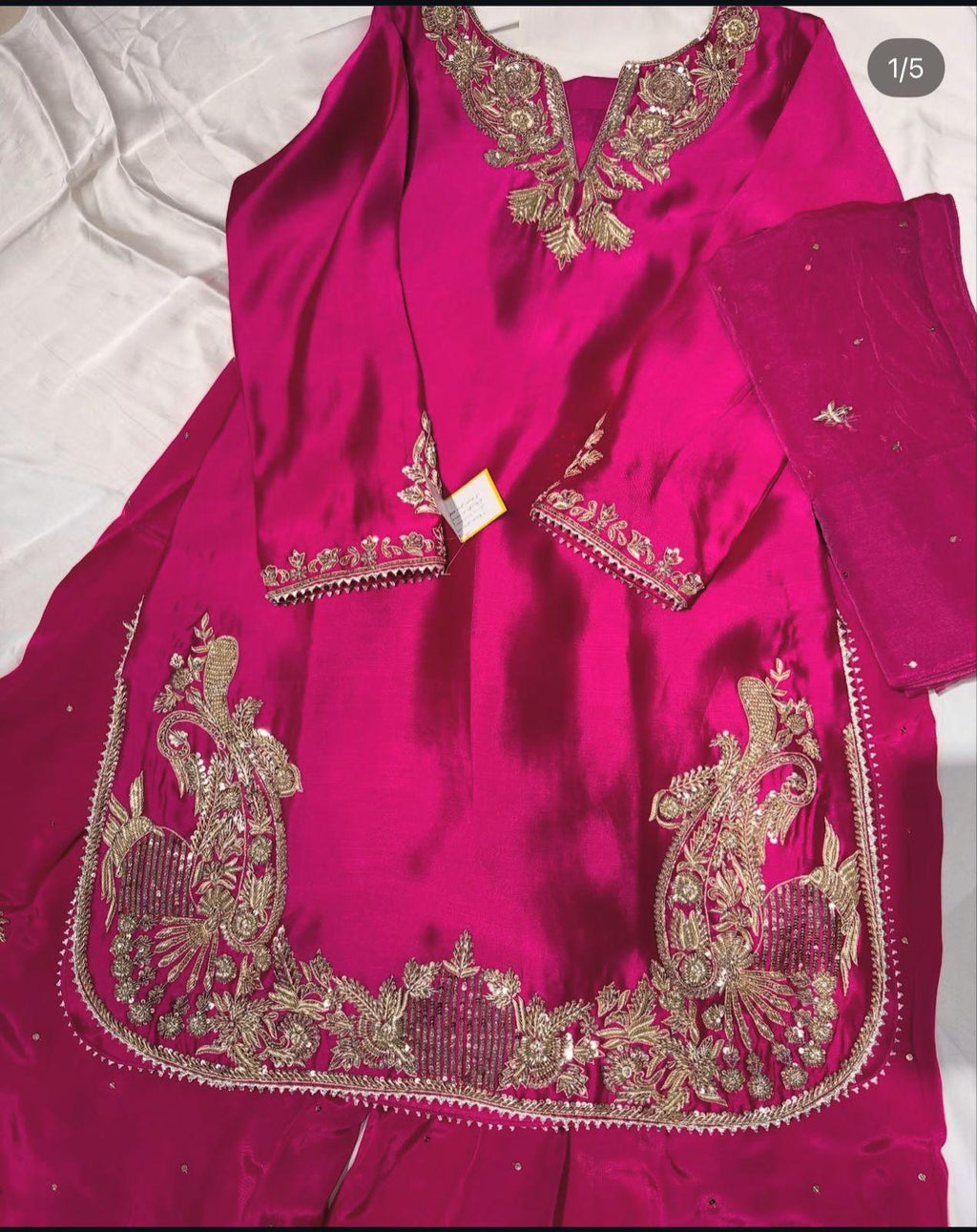 Fuchsia Pink Pakistani Farshi Shalwar Suit: Handcrafted Raw Silk, Gold Zardozi, indian desi punjabi attire,pure adda work