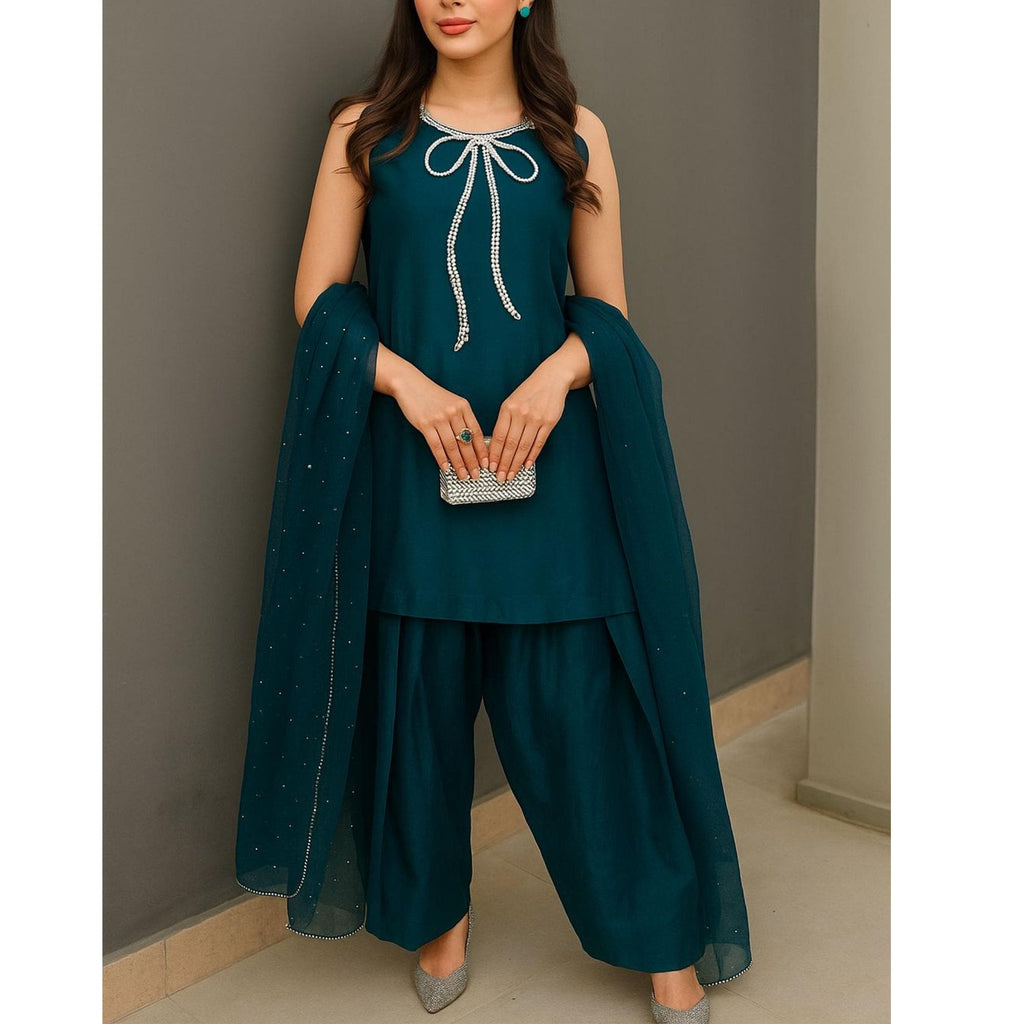 Pakistani FARSHI lama Silk Two-Piece Shalwar Kameez with Organza Dupatta & Elegant silver Bow Neckline,stunning graceful look muslims lovers