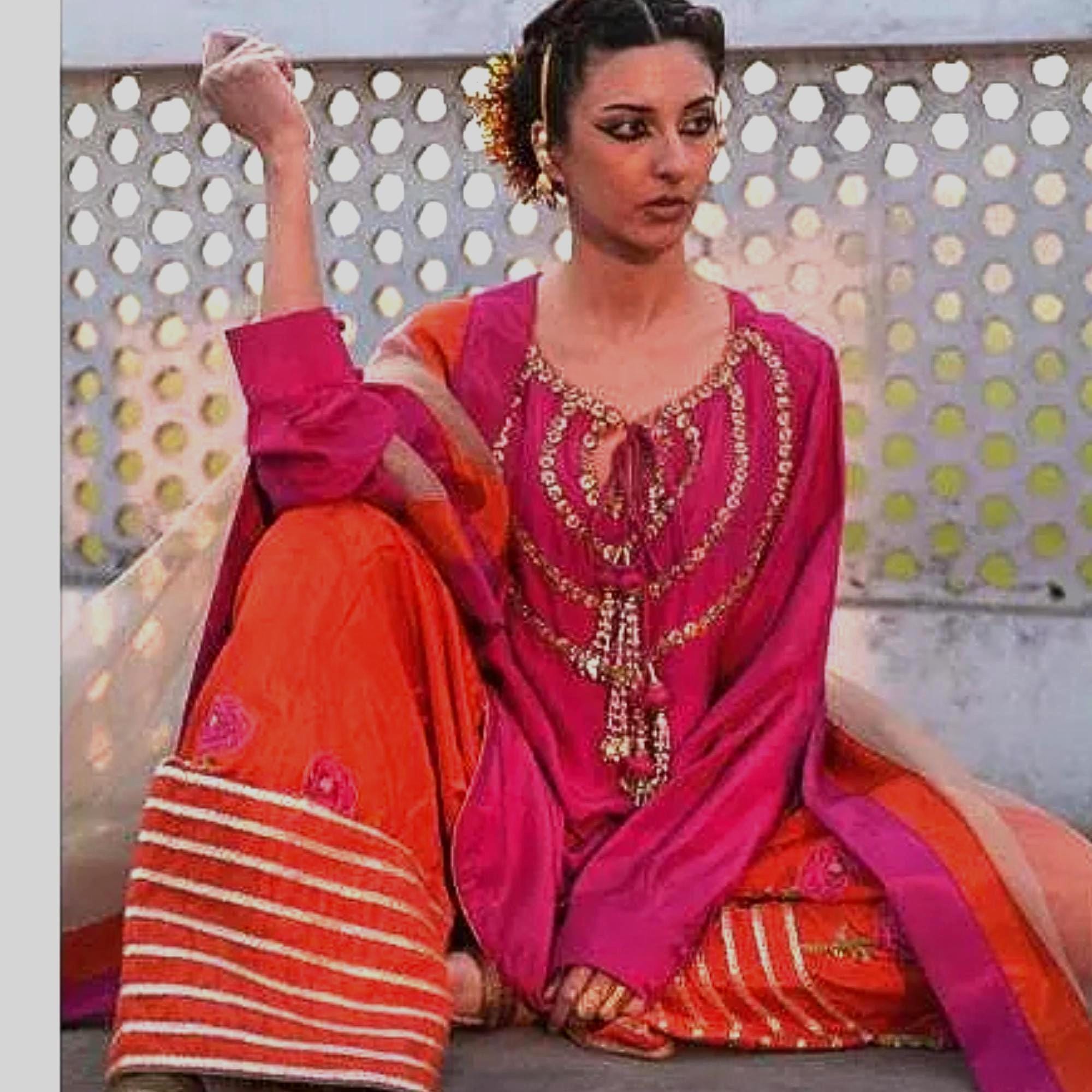 Pakistani Gota Embellished Farshi Shalwar Set: Orange & Fuchsia pink Wedding Outfit,eid party wear for uk,usa,Canadian n Australian lovers