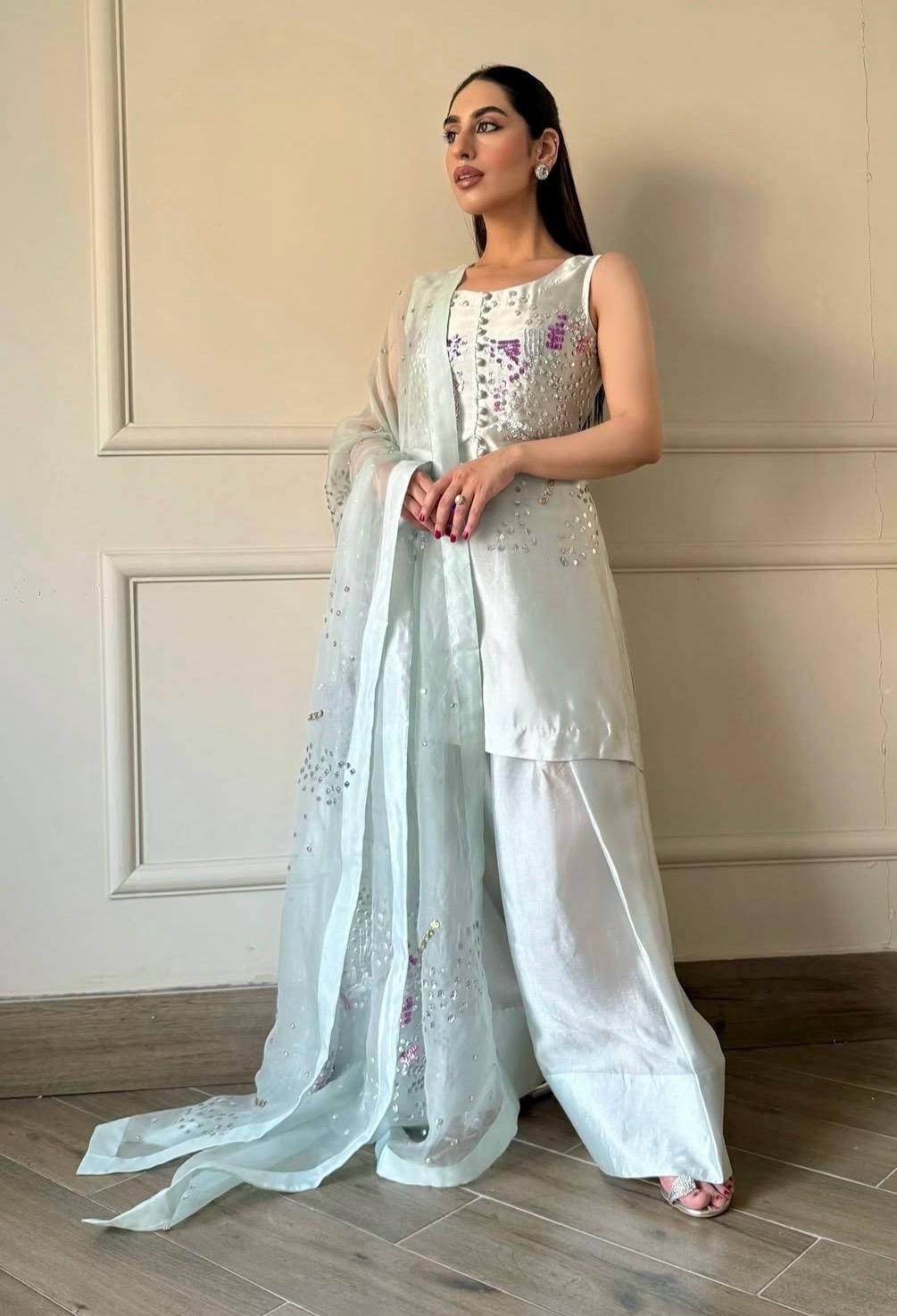 Luxury Pakistani Farshi Shalwar Suit | Sheesha Silk & Organza | Handmade rhinestones sequins