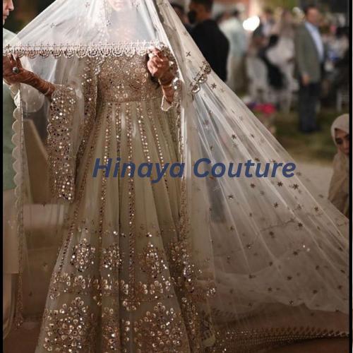 Exquisite Asian Bridal Dupatta / Veil, with scallop lace, aari,sequins,pearls work. Delicately handcrafted to perfection long trail
