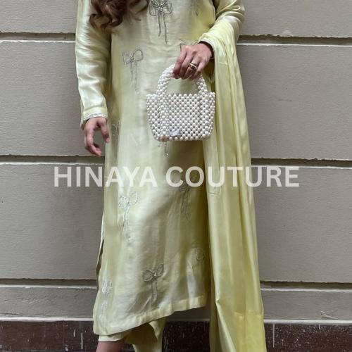 butter Yellow Bow Silk Pakistani 3-Piece Outfit: Rhinestone Detail Farshi short shirt,Eid party wear ethnic style desi indian attire