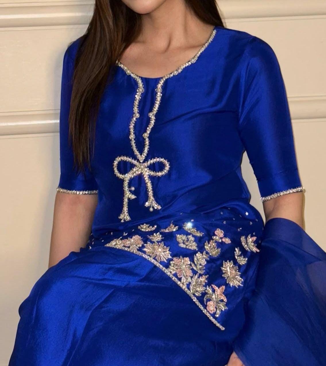 Pakistani Royal-electric Blue Handcrafted Silk Ensemble with Bow Neckline & eid Farshi Shalwar desi asian attire foruk usa europe people