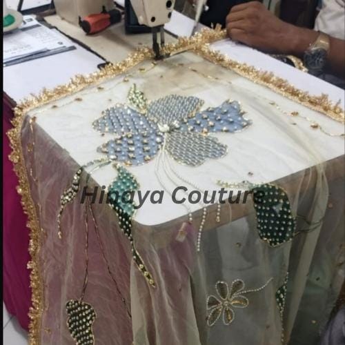 Hand-Painted Organza Dupatta: Zardozi Embellished Pakistani Party Wear-Handcrafted with zardozi,naqshi,beads,cutdana,pearls and rhinestones