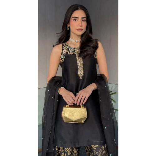 Handmade Farshi Pakistani Outfit: jet black Banarsi Shalwar, Sequins Organza Dupatta stunning festive collection for uk lovers,indian attire