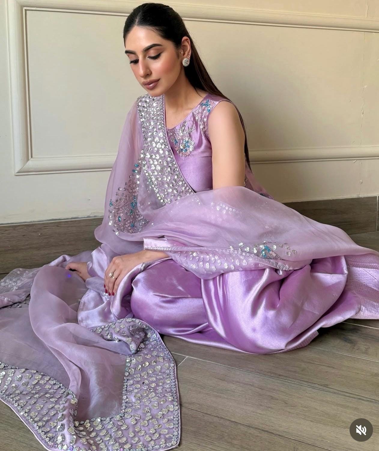 Luxury Pakistani Farshi Shalwar Suit | Sheesha Silk & Organza | Handmade rhinestones sequins