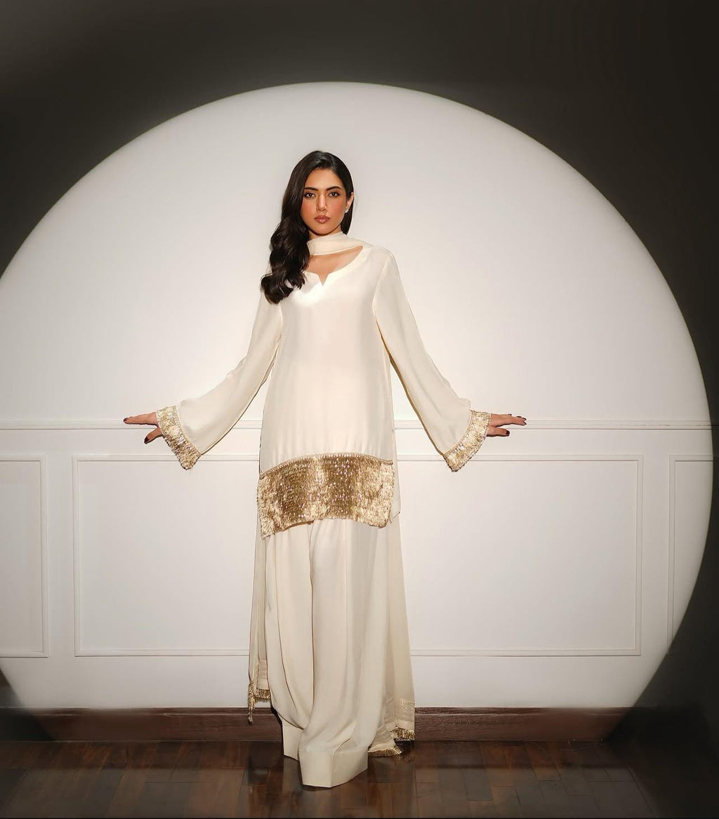 Stunning Three-Piece pakistani FARSHI Shalwar kiran lace premium silk Suit asian attire punjabi indian