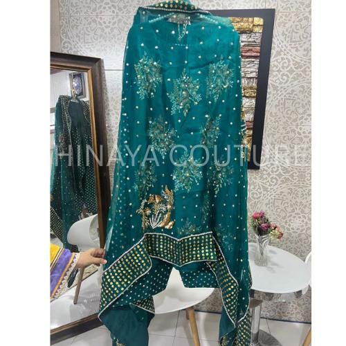 Handcrafted Raw Silk Farshi Shalwar Suit: Pakistani Designer Replica