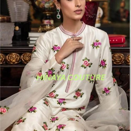Stunning Pakistani floral Embroidered 3 Piece Suit | Premium Silk Outfit with Organza Dupatta | Eid & Wedding Party Wear-dawat gatherings