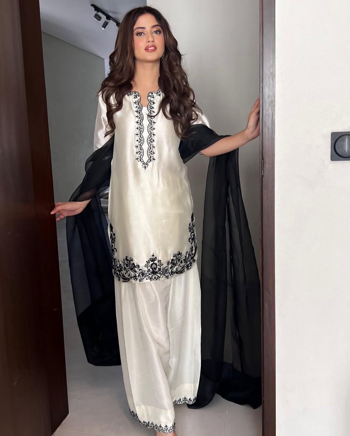 Black & White premiumi silk Farshi Shalwar Suit: Pakistani Inspired 3-Piece Ensemble