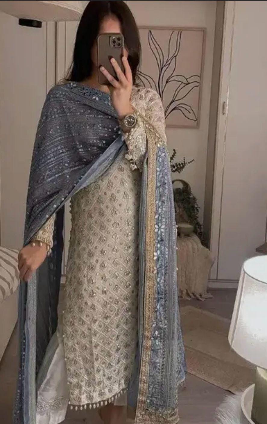 Pakistani Foil Chicken Kari 3-Piece Chiffon Outfit | Eid • Nikah • Wedding • Party Wear,indian desi attire,punjabi lovers uk n usa