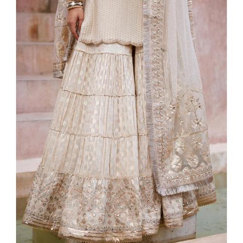 Mint Green and gold Party Wear Outfit: Embroidered Chiffon Shirt, Banarasi Garara patchwork pakistani n indian attire, nikah muslims-