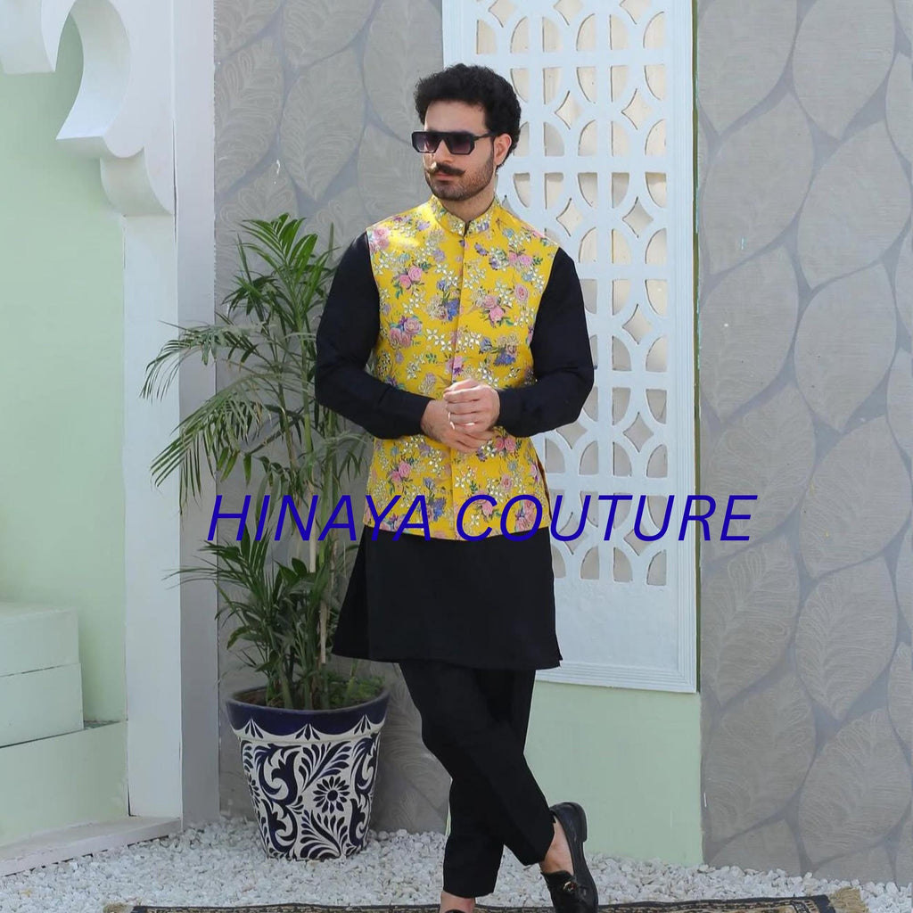 Jet Black men pakistani n indian Shalwar Kurta with Black & Yellow Embroidered Waistcoat