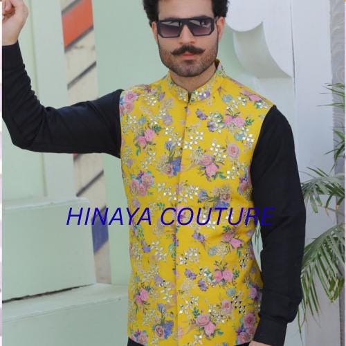 Jet Black men pakistani n indian Shalwar Kurta with Black & Yellow Embroidered Waistcoat