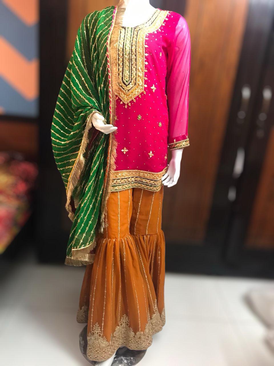 Mehndi Dholki Gharara Outfit – Traditional Gota Work with Vibrant Colors pakistani uk desi family lovers punjabi indian