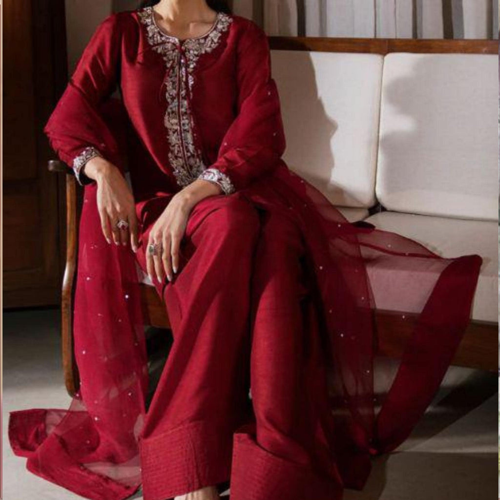 Pakistani maroon red premium Silk handwork FARSHI Shalwar Two-Piece Outfit with Organza Dupatta for EID-parties-weddings,meetups gift dawat