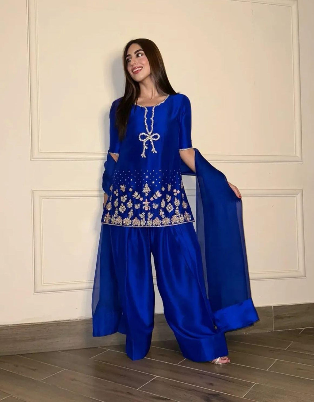 Pakistani Royal-electric Blue Handcrafted Silk Ensemble with Bow Neckline & eid Farshi Shalwar desi asian attire foruk usa europe people