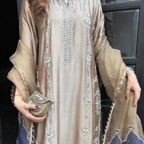 Luxury Handcrafted Shisha Silk Pakistani Suit | 3-Piece Blue & Gold Outfit with Organza Dupatta | Wedding Eid Diwali Dress for Women
