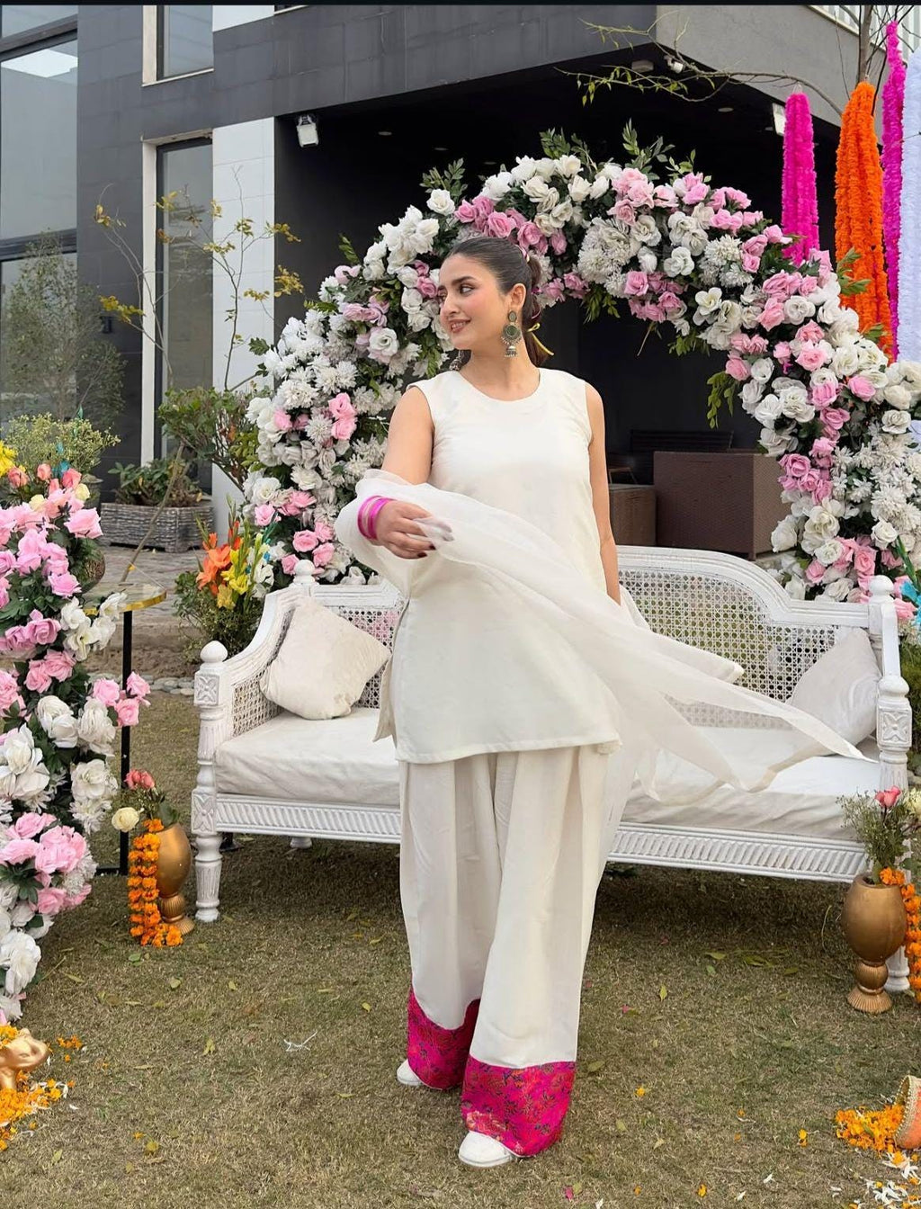 Two-Piece pakistani indian punjabi Farshi Shalwar in korean Raw Silk with Banarasi Jamawar Patch & Organza Dupatta