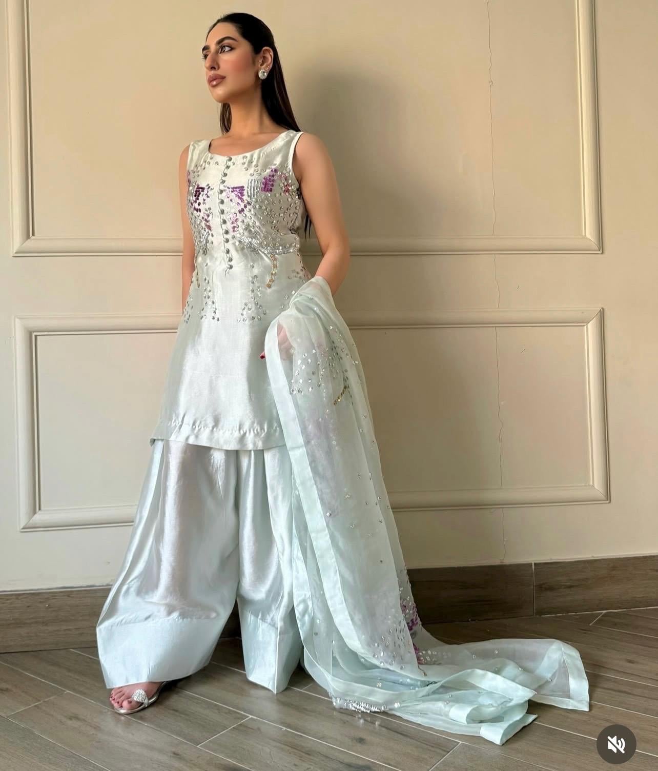 Luxury Pakistani Farshi Shalwar Suit | Sheesha Silk & Organza | Handmade rhinestones sequins