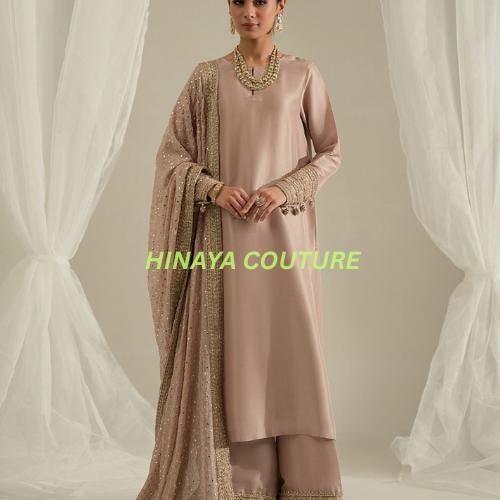 Shesha Silk Pakistani 3Piece Suit Kundan Dupatta,handwork lacing on shirtwide leg bottoms n sleeves,farshi shalwar Eid gift indianpakistani