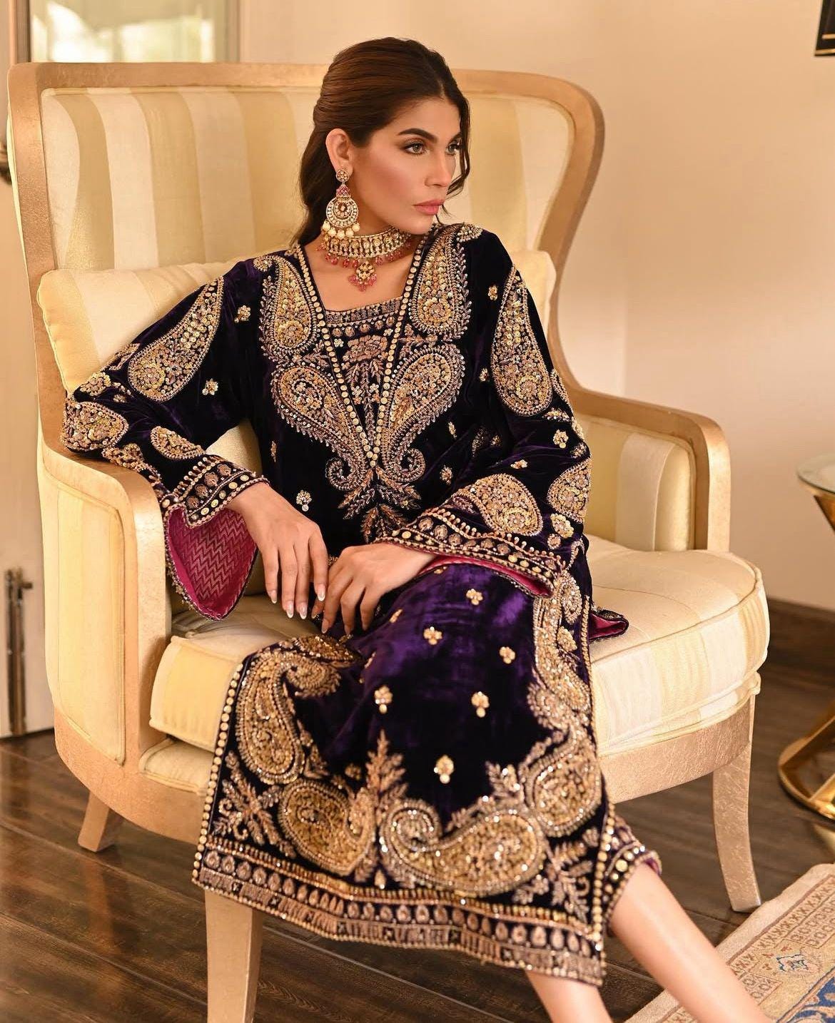 Velvet 3-Piece Set: Hand-Embroidered Zardozi work & Chiffon Dupatta silk bottoms asian pakistani attire eid milad parties