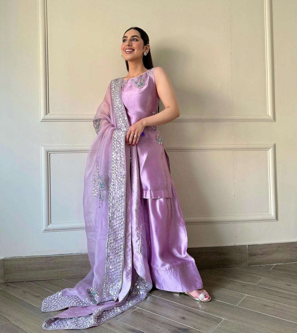 Luxury Pakistani Farshi Shalwar Suit | Sheesha Silk & Organza | Handmade rhinestones sequins