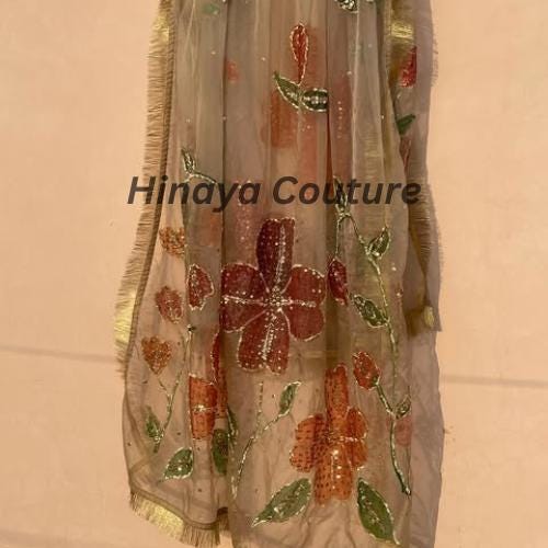 Hand-Painted Organza Dupatta: Zardozi Embellished Pakistani Party Wear-Handcrafted with zardozi,naqshi,beads,cutdana,pearls and rhinestones