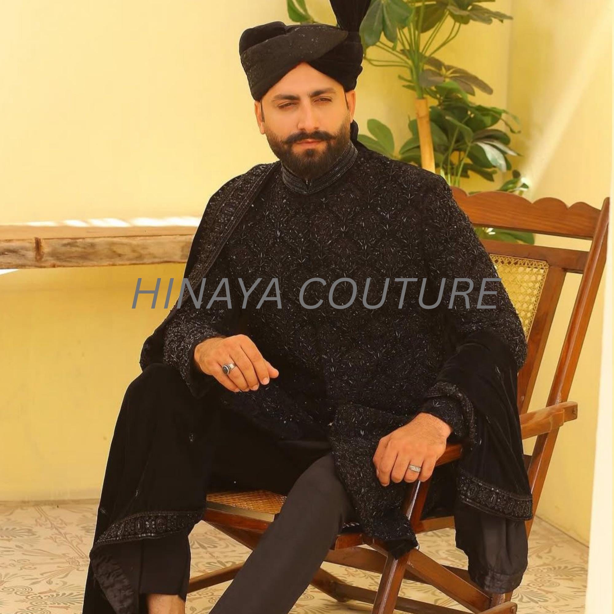 pakistani mens Hand Embroidered Sherwani Prince Coat Set: Black Velvet Shawl Groom Outfit,indian wedding nikah attire