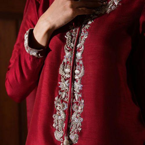 Pakistani maroon red premium Silk handwork FARSHI Shalwar Two-Piece Outfit with Organza Dupatta for EID-parties-weddings,meetups gift dawat