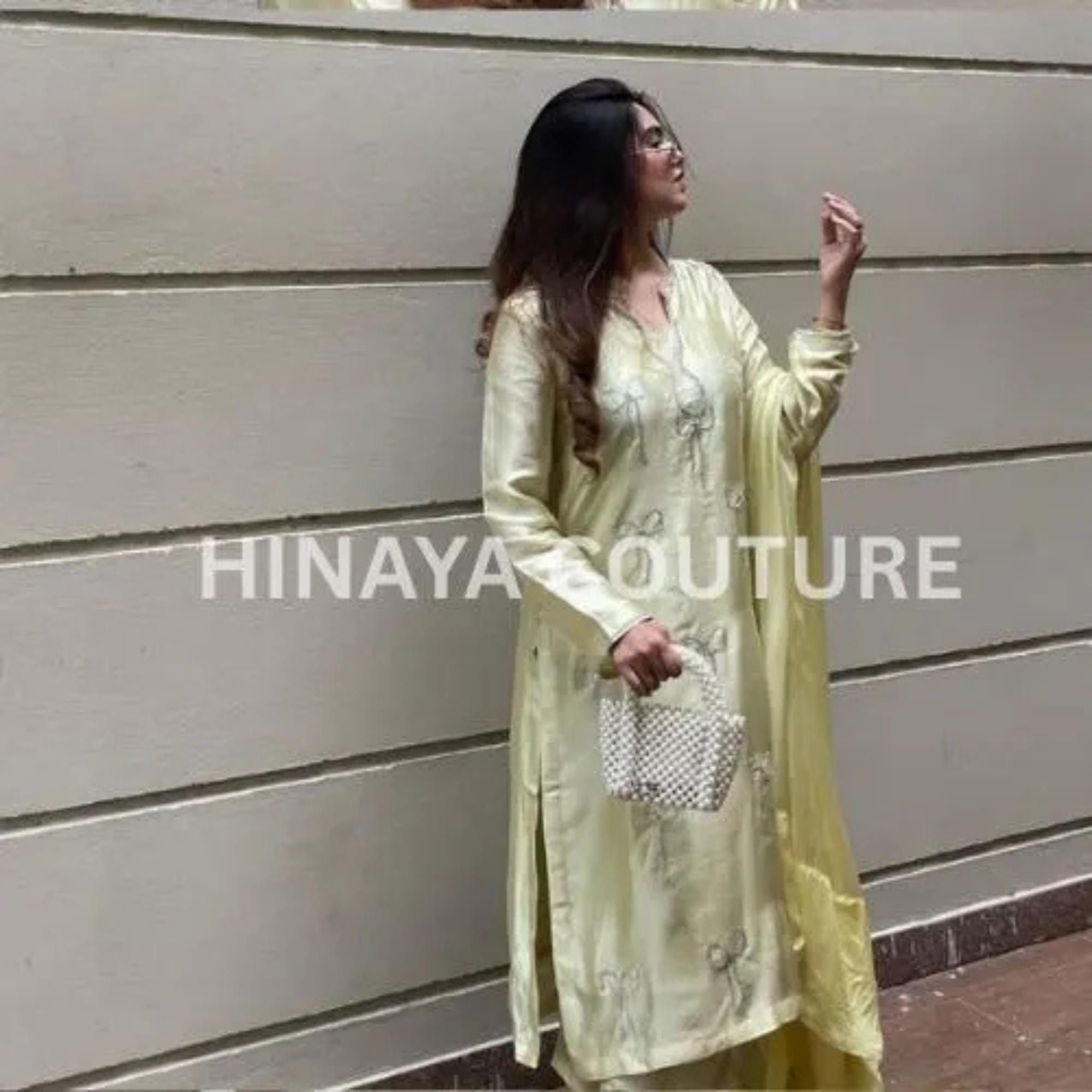 butter Yellow Bow Silk Pakistani 3-Piece Outfit: Rhinestone Detail Farshi short shirt,Eid party wear ethnic style desi indian attire