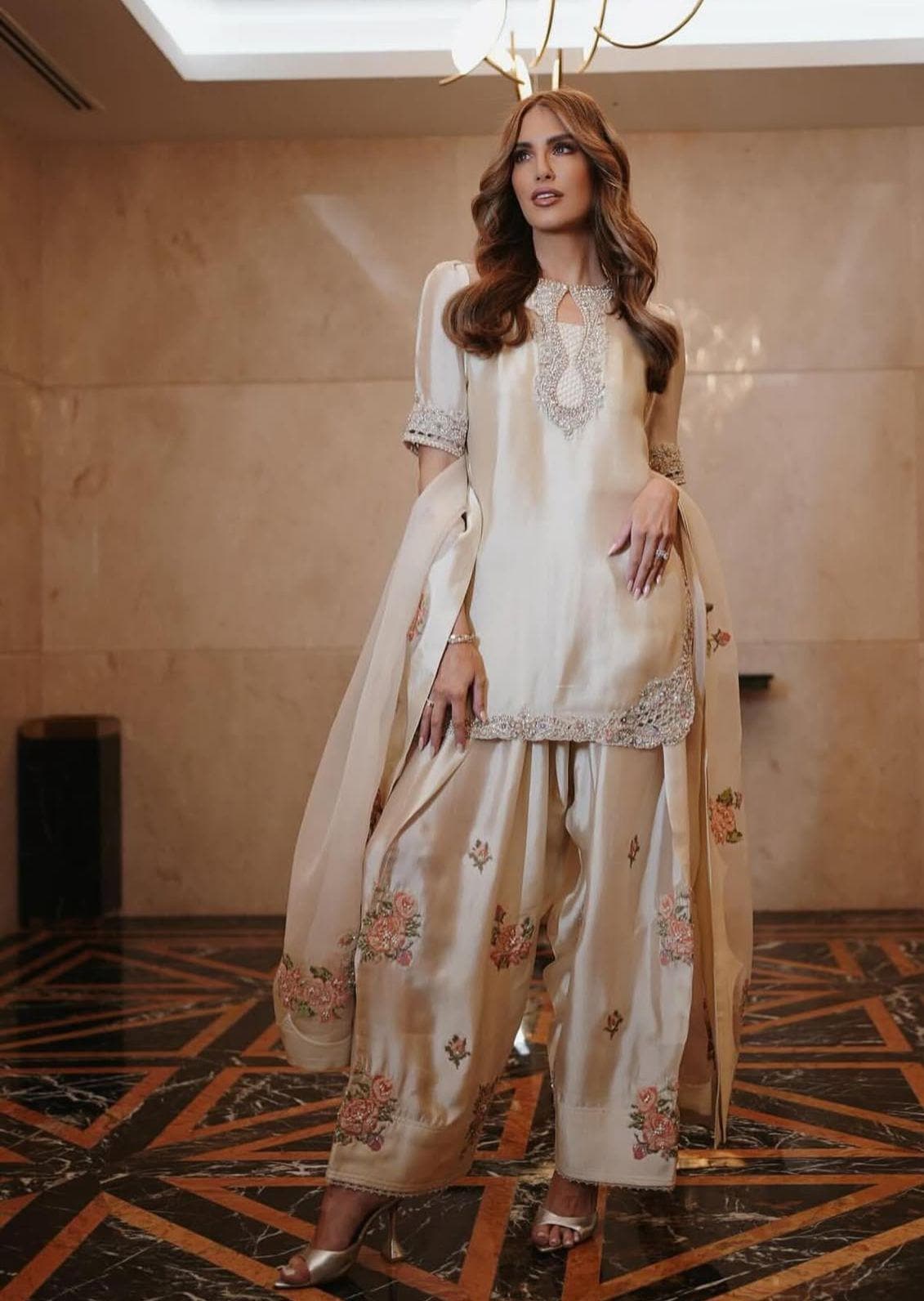 Ivory soft Sheesha Silk Pakistani Suit hand Embroidered 3-Piece Farshi shalwar n short shirt uk,usa,europe desi attire wedding style