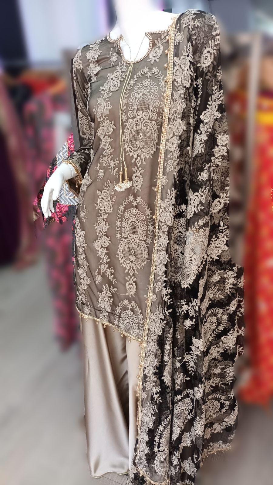 pakistani party wear shadi/wedding/nikah 3 piece plazo-garara-farshi shalwar lehenga garara embroidered suit
