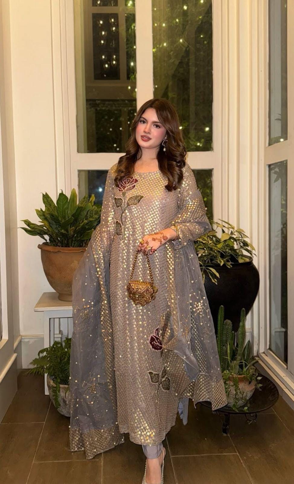 Rose Éclat – Sequined Chiffon Elegance in Nude with Handcrafted Silk & Organza Detailing party wear