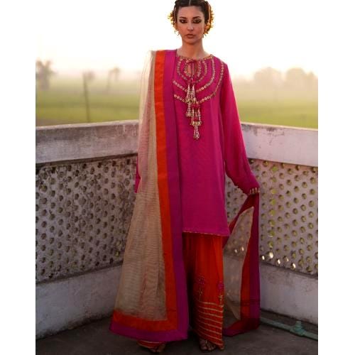Pakistani Gota Embellished Farshi Shalwar Set: Orange & Fuchsia pink Wedding Outfit,eid party wear for uk,usa,Canadian n Australian lovers
