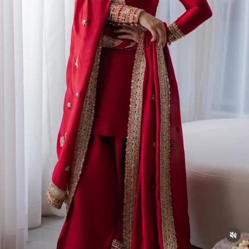Pakistani 3Piece Outfit | Aiza Khan Viral/trending Dress | Shesha Silk Eid Wedding Party Wear | Blood Red short Shirt Dupatta Farshi shalwar