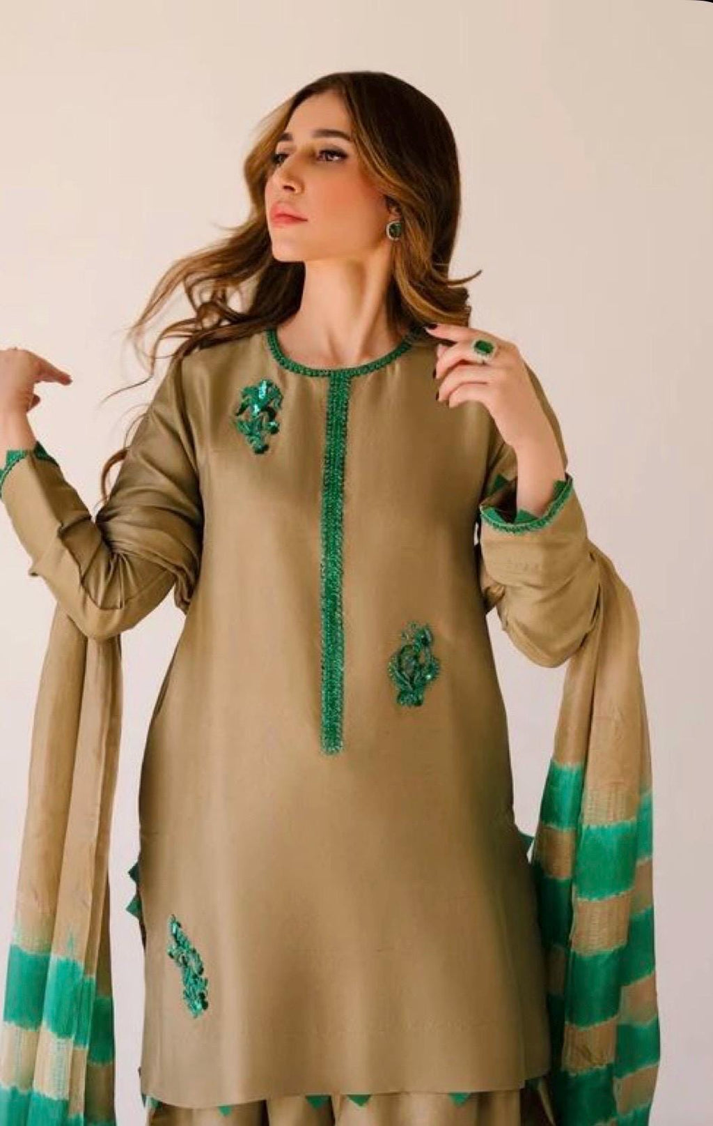 Dip n Dye Silk Farshi Suit: beige shalwar kameez with Emerald Green Embroidered Chiffon Dupatta best for UK USA lovers