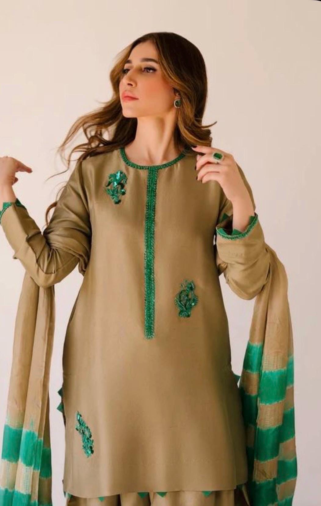 Dip n Dye Silk Farshi Suit: beige shalwar kameez with Emerald Green Embroidered Chiffon Dupatta best for UK USA lovers