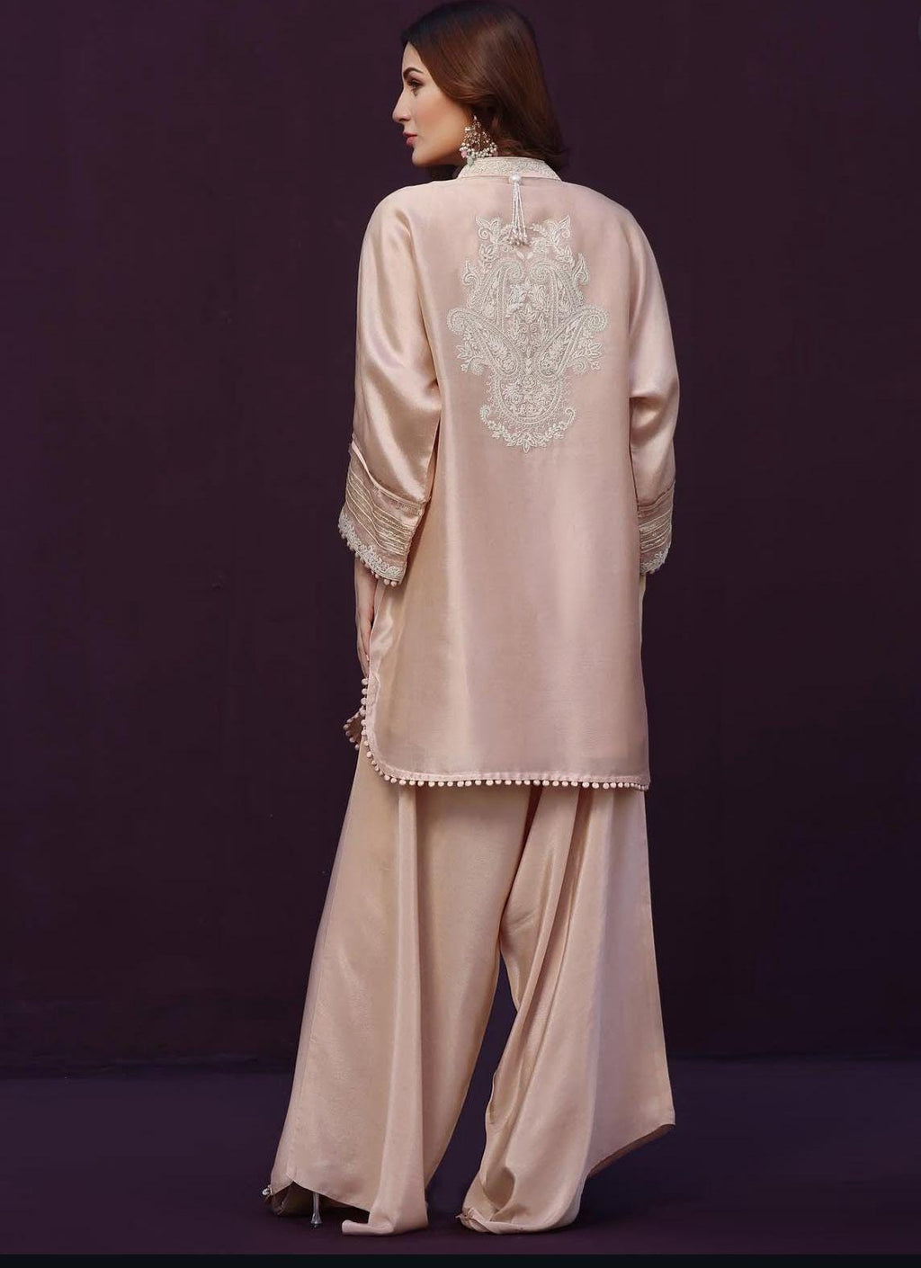 ivory Embroidered nude colour Silk Farshishalwar Set: Pakistani Plazo Suit, Wedding Party Eid Outfit, uk eid parties